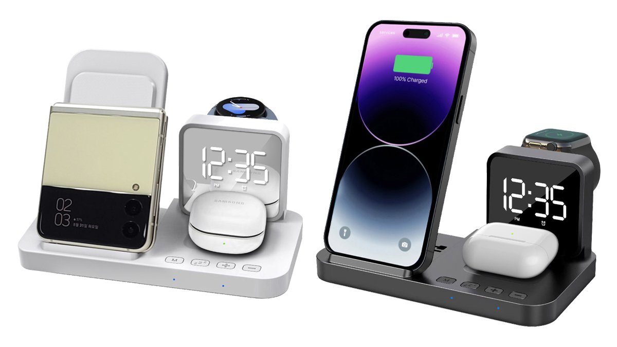 Modern design alarm clock paired with a 4-in-1 wireless charger