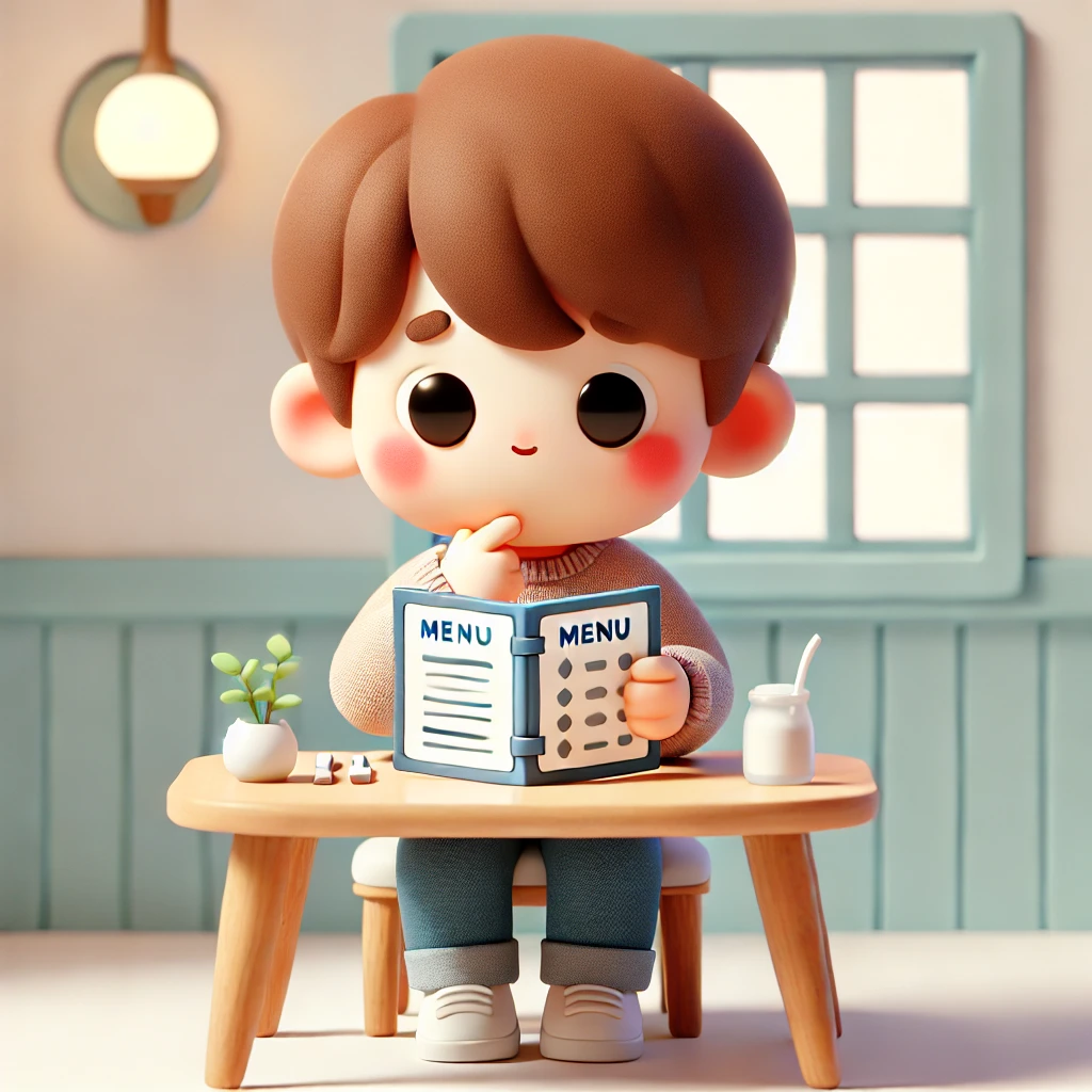 DALL·E 2024-11-28 02.49.47 - A cute 3D illustration of a person deciding what to order at a restaurant. The character has a curious and slightly thoughtful expression, holding a m.webp