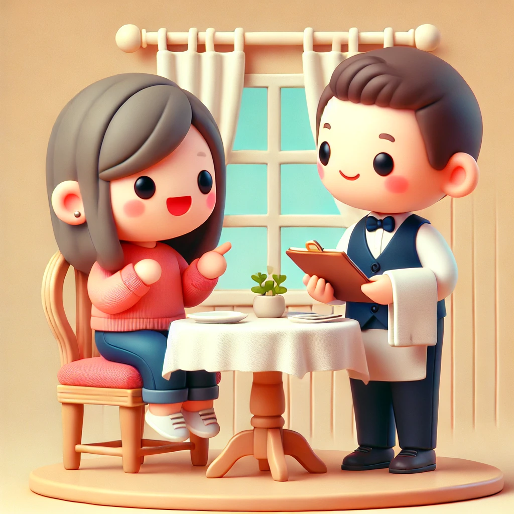 DALL·E 2024-11-28 02.53.05 - A cute 3D illustration of a person sitting at a restaurant table, engaging in a friendly conversation with a waiter. The person is smiling, holding a .webp