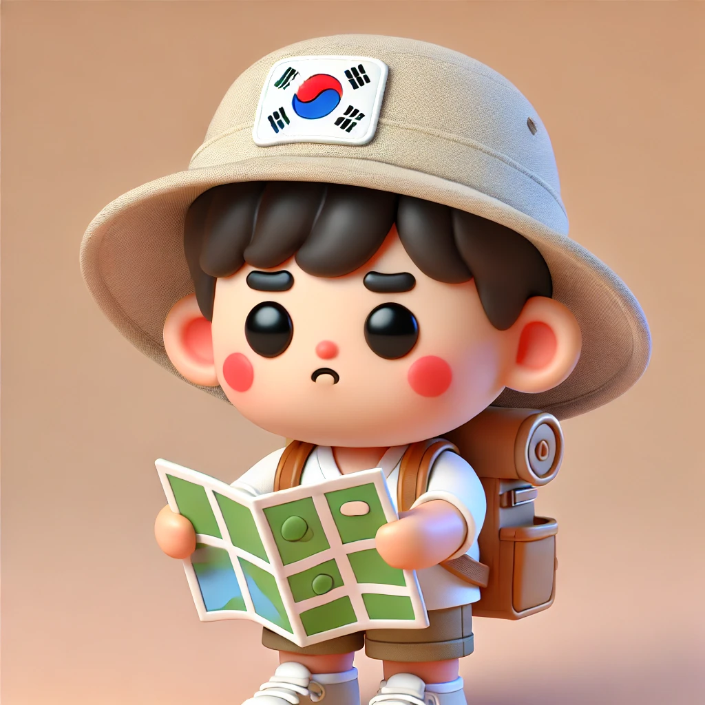 DALL·E 2024-11-28 02.48.49 - A cute 3D illustration of a lost Korean tourist, depicted with a puzzled expression, holding a city map. The character wears casual travel attire incl.webp