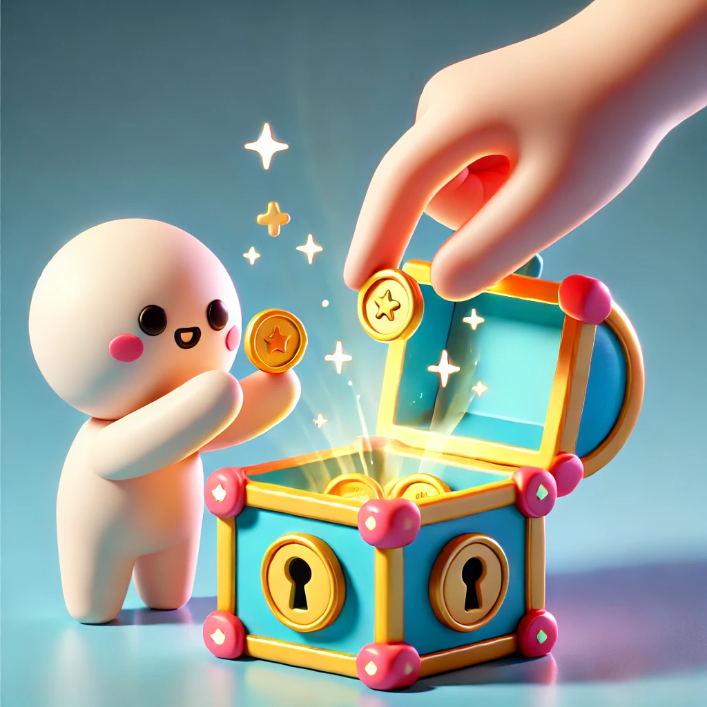 DALL·E 2024-11-29 17.25.21 - A cute 3D illustration of a person placing a single item, like a coin or a small object, into a whimsical and colorful magical box. The box has glowin.webp