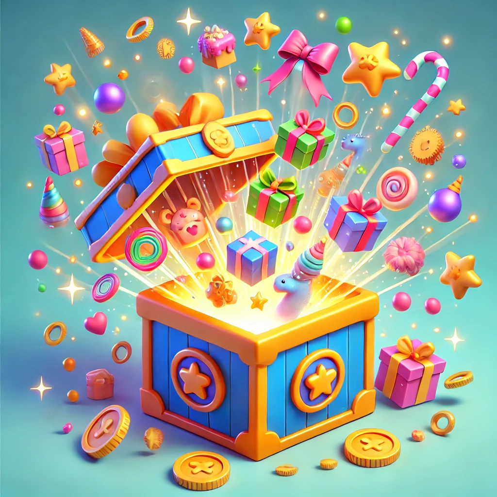 DALL·E 2024-11-29 17.25.24 - A cute 3D illustration of a magical box overflowing with items like toys, coins, and gifts flying out. The box is whimsical and colorful, with glowing.webp