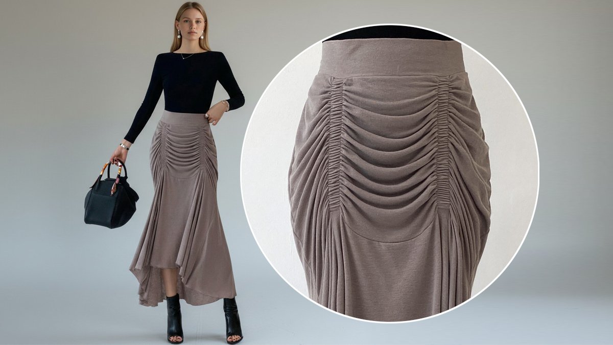 [6次アンコール] 歩くたび揺れるドレープとシャーリングのマーメイドスカート