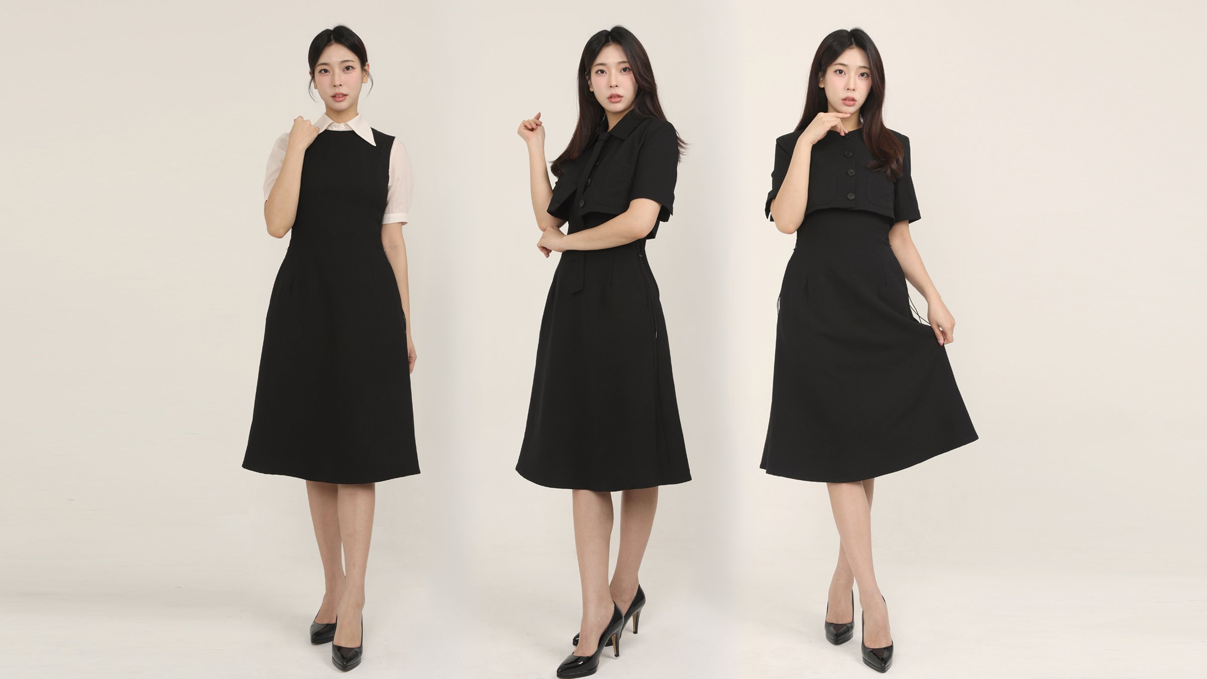 3피스 풀세트 착장에 디자인 변형 디테일을 더한 새로운 모던 원피스 세트