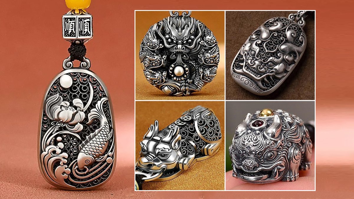 [14th Encore] Everyday Tibetan Silver Charm Engraved with Traditional Symbols of Wealth and Prosperity