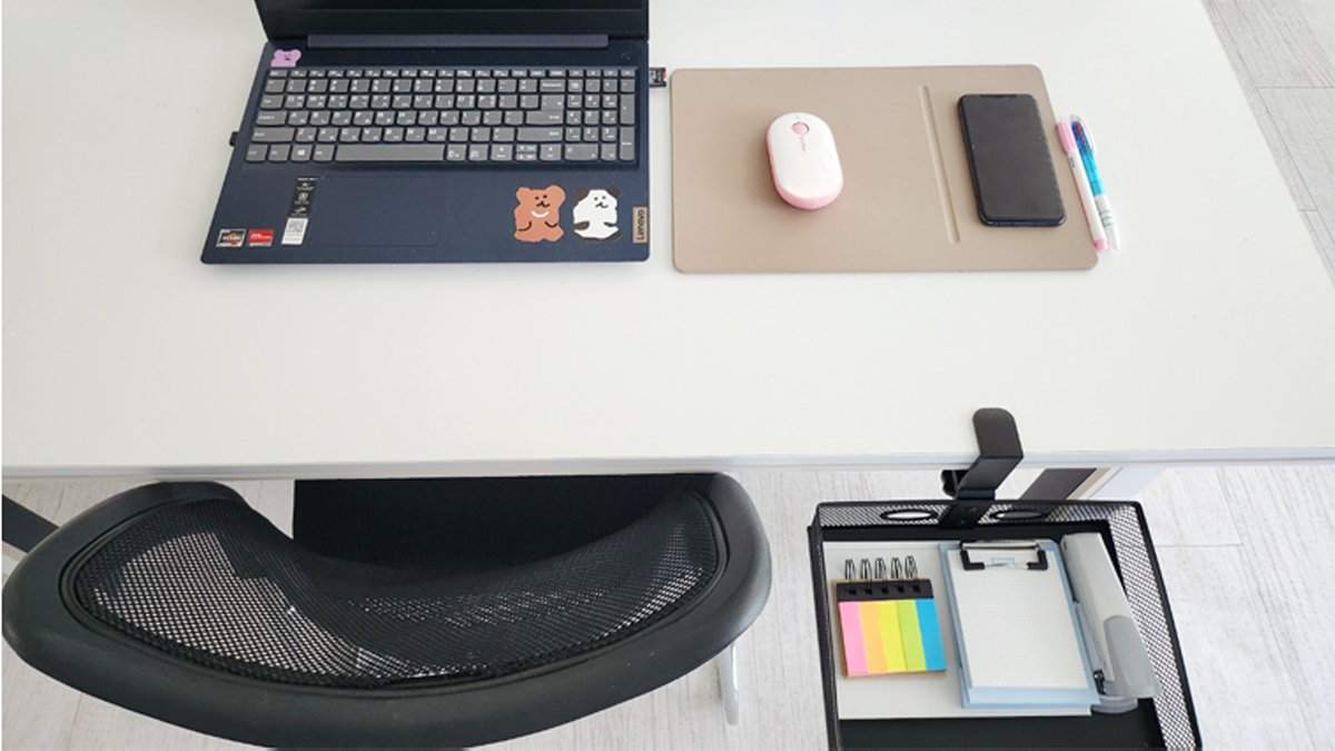 No drilling or sticking needed. Hidden under-desk storage with the no-drill desk tray