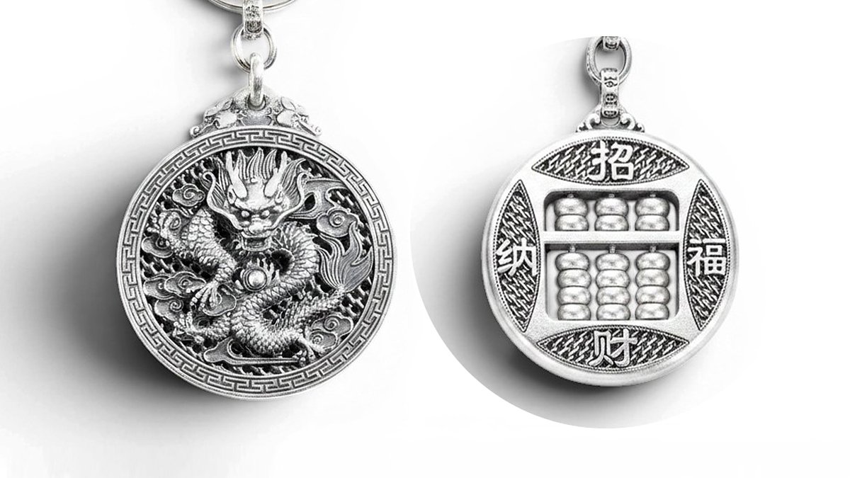 [19th Encore] Daily Charm in Tibetan Silver Engraved with Traditional Symbols of Wealth & Prosperity