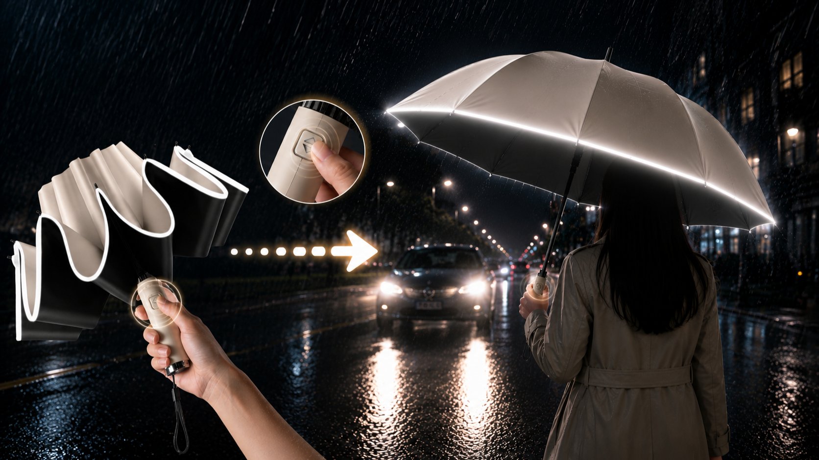 One-touch auto-open umbrella! Stay visible to cars on dark streets with this smart umbrella!
