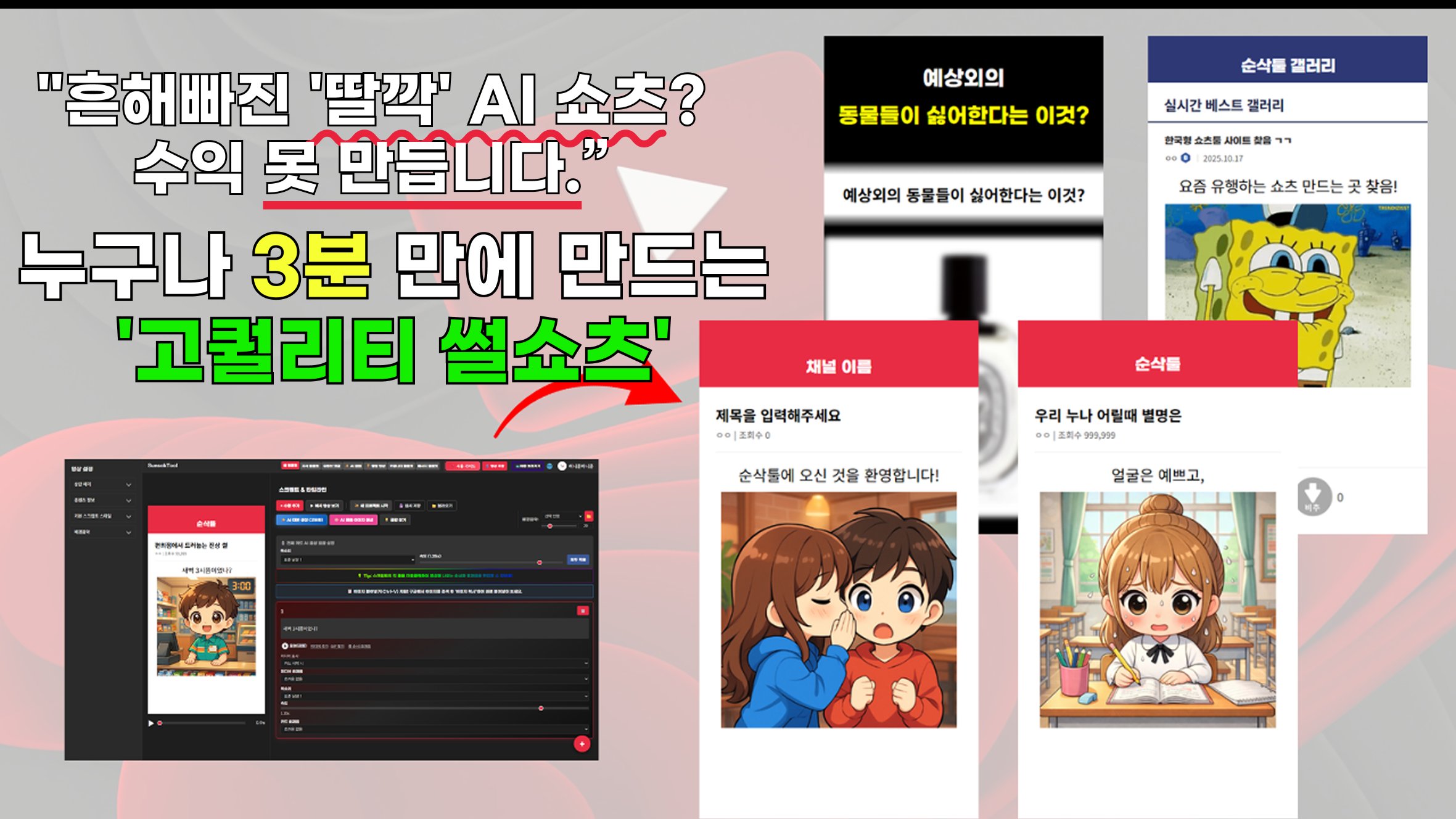 [법적보호]편집 몰라도 터지는 썰쇼츠 완성 AI 기반 숏폼 메이커 순삭툴